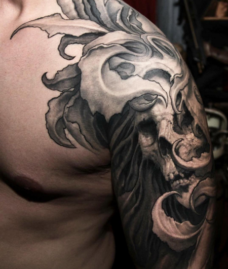 Tattoos - Black and Gray Skull Tattoo - 115237